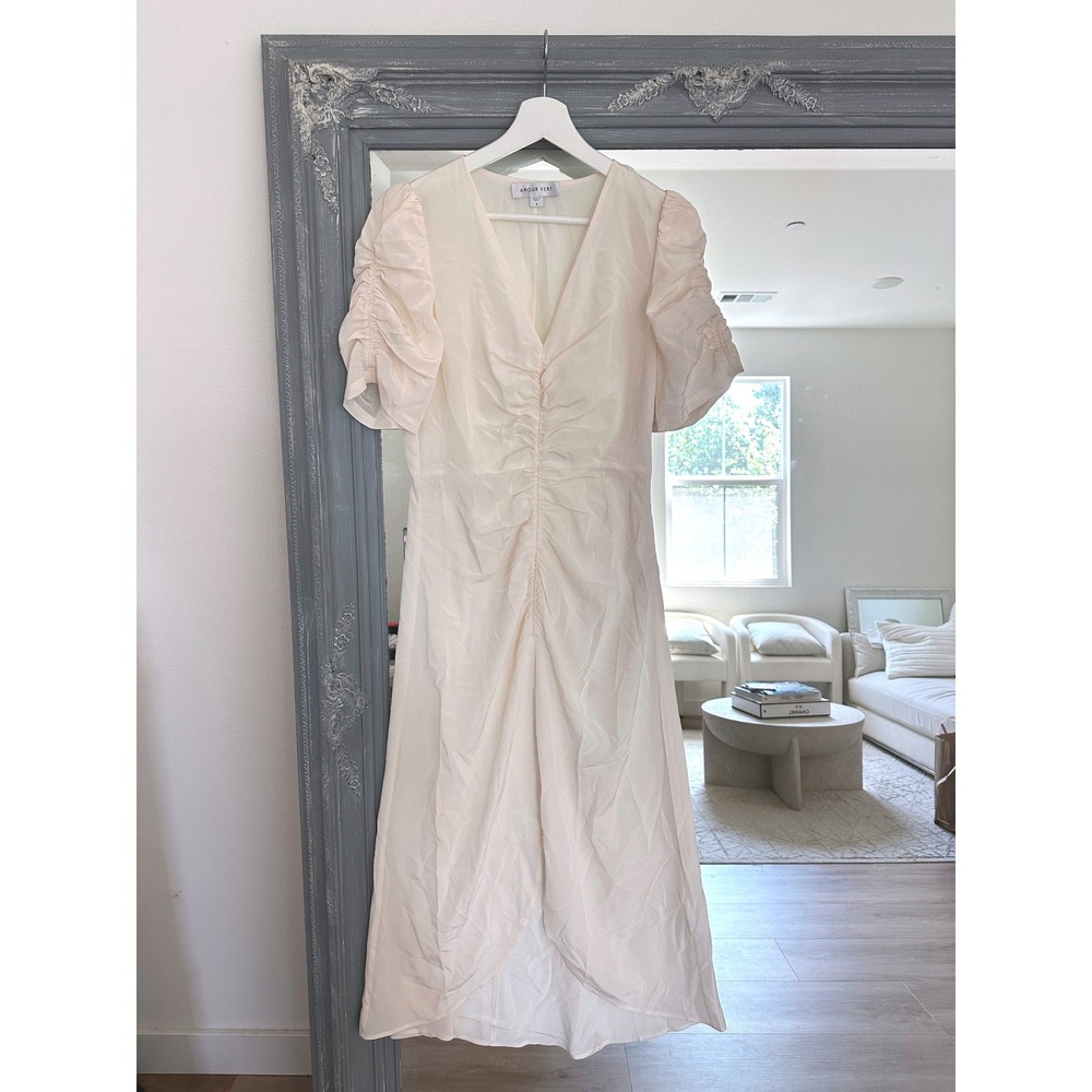 Amour Vert Silk Ruched V-Neck Midi Dress Cream Ivory Puff Sleeve Front Slit S